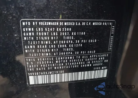 2018 Volkswagen Tiguan 2.0T Se/2.0T Sel из США, поврежденный, VIN 3VV3B7AXXJM219186